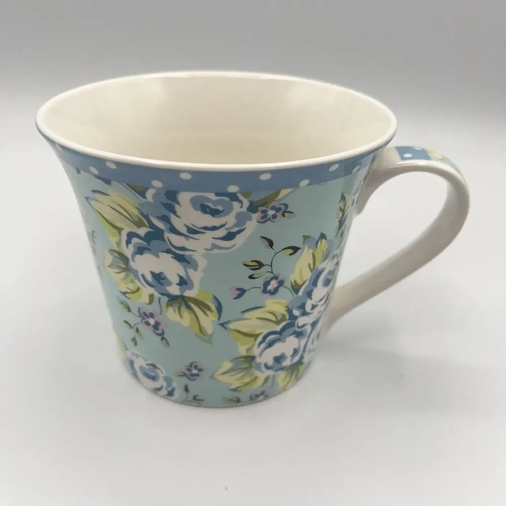 Pier 1 Imports Blue Floral Polka Dot Rim Coffee/Tea Cup Mug